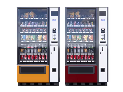 Dual Commercial Vending Machines With Yellow Red Bases Transparent Glass Doors Snacks And Beverages 3d model