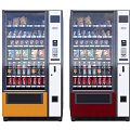 Dual Commercial Vending Machines With Yellow Red Bases Transparent Glass Doors Snacks And Beverages