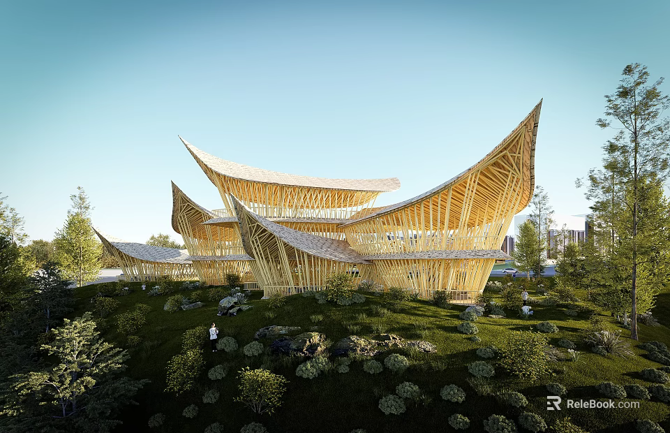 Bamboo Visitor Center With Unique Curved Roofs Surrounded by Greenery and Natural Landscape 3d model 