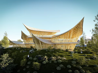 Bamboo Visitor Center With Unique Curved Roofs Surrounded by Greenery and Natural Landscape 3d model