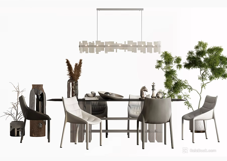 Modern Dining Table Set With Chairs Pendant Light And Green Decorative Plants 3d model