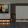 Modern TV Background Wall With Marble Panel White Cabinet And Fireplace Lighting Design 3d model
