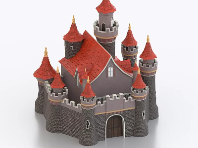 3D Model Medieval Castle With Red Roof Towers And Gray Stone Walls 3d model