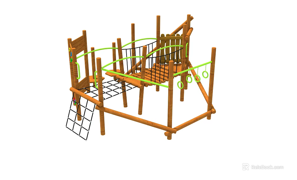 Wooden Playground Equipment With Climbing Net Ropes Railings And Platforms For Kids 3d model 