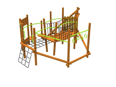 Wooden Playground Equipment With Climbing Net Ropes Railings And Platforms For Kids 3d model