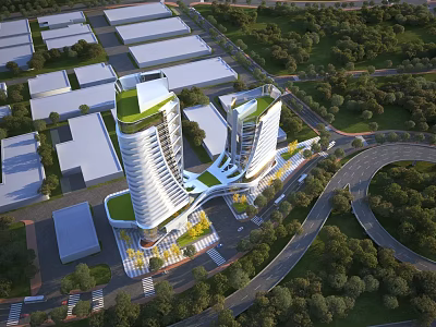 Aerial Planning of Urban Modern High Rise Development with Greenery Road Network and Surrounding Area 3d model