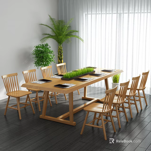 Modern Wooden Conference Table With Chairs Green Plant Decor And Large Windows 3d model 