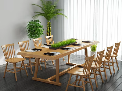 Modern Wooden Conference Table With Chairs Green Plant Decor And Large Windows 3d model