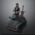 Small Old Blue Car With Female Figure Holding Orange Tool And Long Sword On Roof
