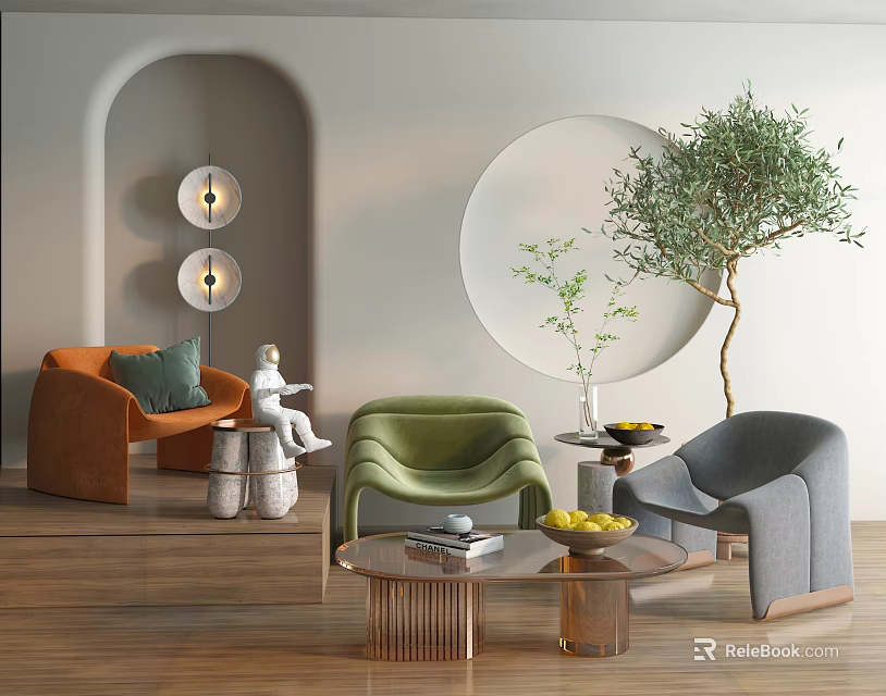 Multicolor Lazy Sofa In Modern Living Room With Green Plants And Side Tables 3d model 