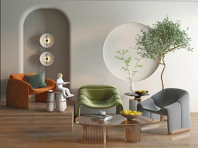 Multicolor Lazy Sofa In Modern Living Room With Green Plants And Side Tables 3d model