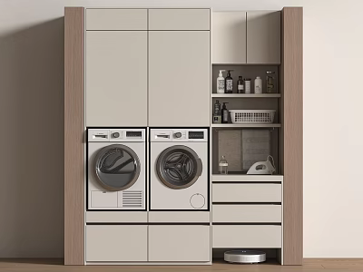 Modern Laundry Room Design With Two Washing Machines Cabinets Shelves Detergent Bottles And Ironing Board 3d model