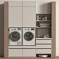 Modern Laundry Room Design With Two Washing Machines Cabinets Shelves Detergent Bottles And Ironing Board