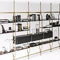 Modern Gold Metal Frame Black Storage Shelves With Books Decorative Vases And Ornaments
