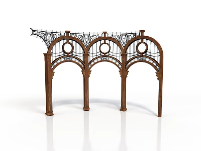 Classic Architectural Wooden Arched Structure with Decorative Iron Lattice and Carved Posts 3d model