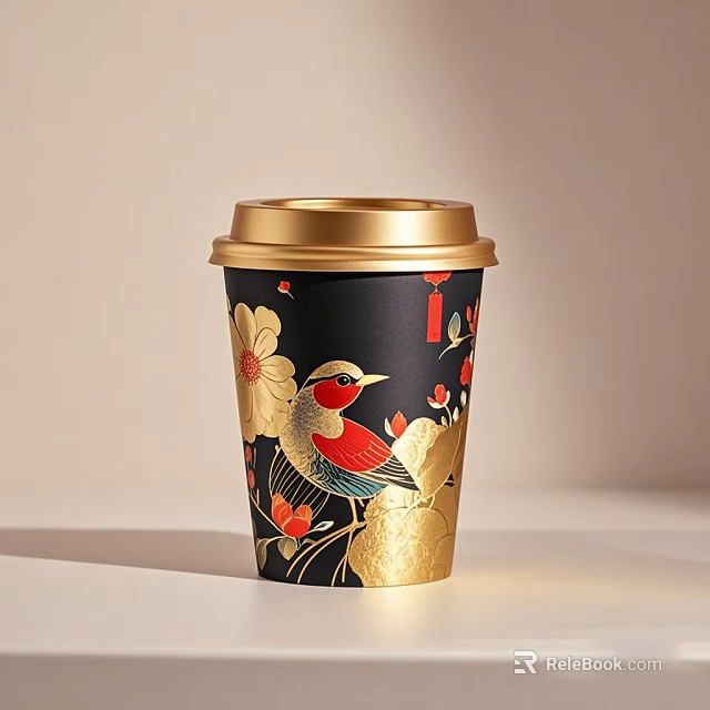 Elegant Black Cup With Gold Lid and Bird Flower Lantern Patterns 3d model