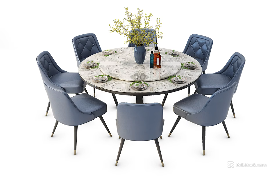Elegant Round Dining Table Set with Marble Top Six Upholstered Blue Chairs Vase and Tableware 3d model