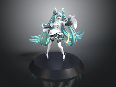 3D Anime Character Model With Long Turquoise Hair Rabbit Ears And Black Display Base 3d model