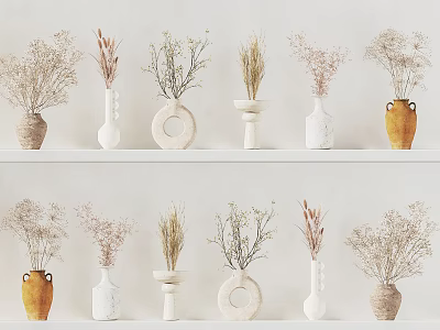 Decorative Vases with Dried Flowers on White Shelves Featuring Various Designs and Materials 3d model