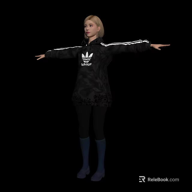 Blonde Woman In Black Adidas Hoodie With White Stripes Standing With Arms Outstretched 3d model 
