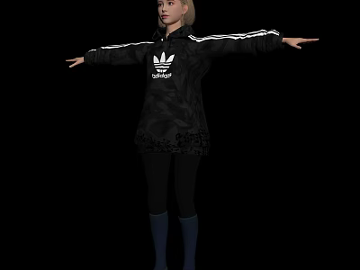 Blonde Woman In Black Adidas Hoodie With White Stripes Standing With Arms Outstretched 3d model