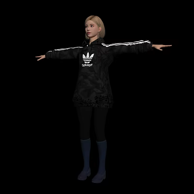 Blonde Woman In Black Adidas Hoodie With White Stripes Standing With Arms Outstretched 3d model