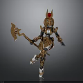 Humanoid Figure In Golden Armor With Black Details And Red Decorated Helmet Holding Axe
