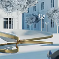Modern Outdoor Landscape Seat With White Surface Golden Metal Frame Trees And White Buildings