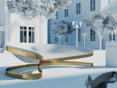 Modern Outdoor Landscape Seat With White Surface Golden Metal Frame Trees And White Buildings 3d model