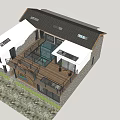 Modern Homestay Building With Stone Wall Glass Curtain Wooden Railings Outdoor Terrace And Green Plants