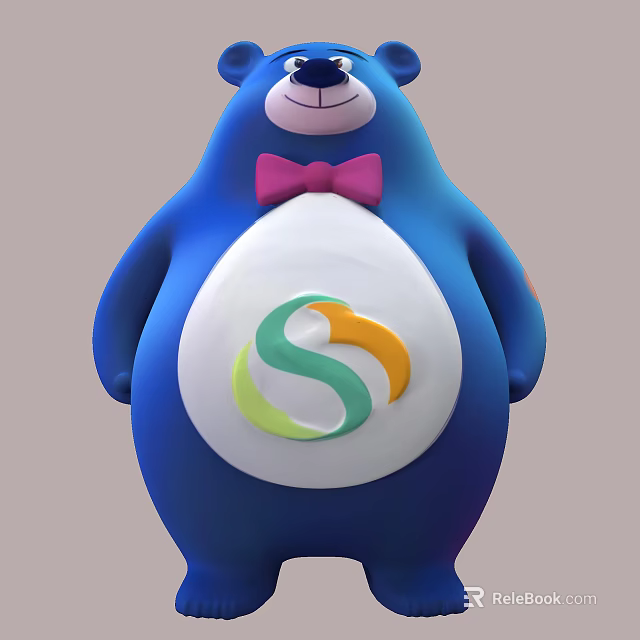 Blue Stuffed Bear Toy with Pink Bow Tie White Belly Green Orange S Shaped Logo 3d model 