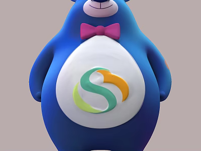 Blue Stuffed Bear Toy with Pink Bow Tie White Belly Green Orange S Shaped Logo 3d model