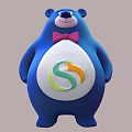 Blue Stuffed Bear Toy with Pink Bow Tie White Belly Green Orange S Shaped Logo