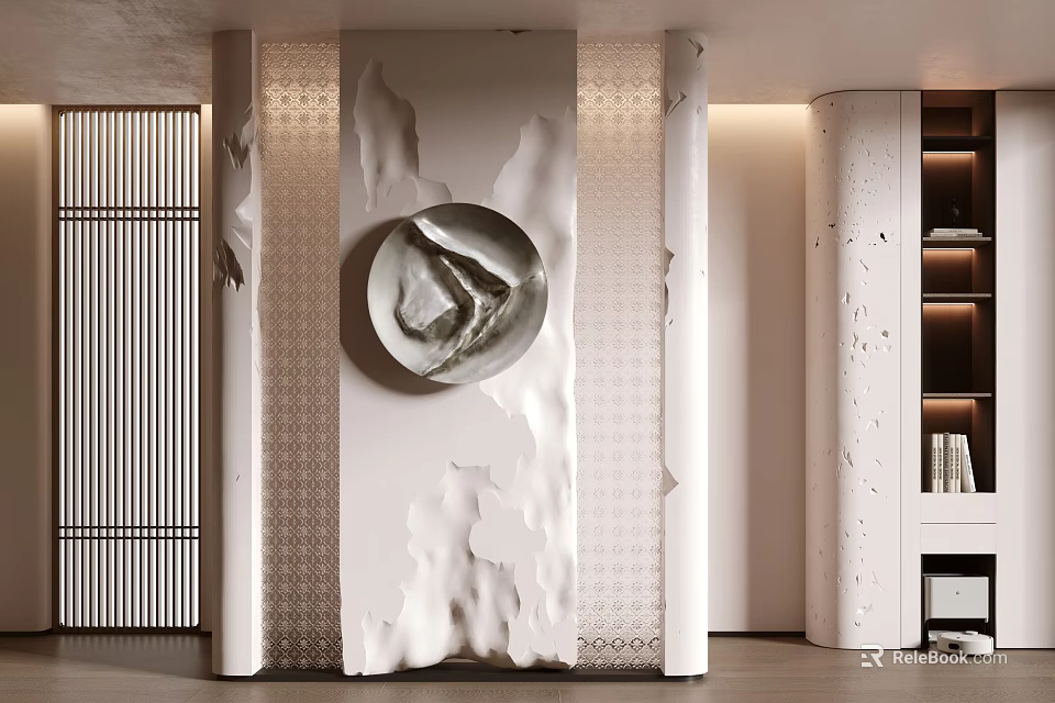 Modern Entryway Interior Design With Circular Wall Decor Textured Panels And Wooden Screen 3d model 