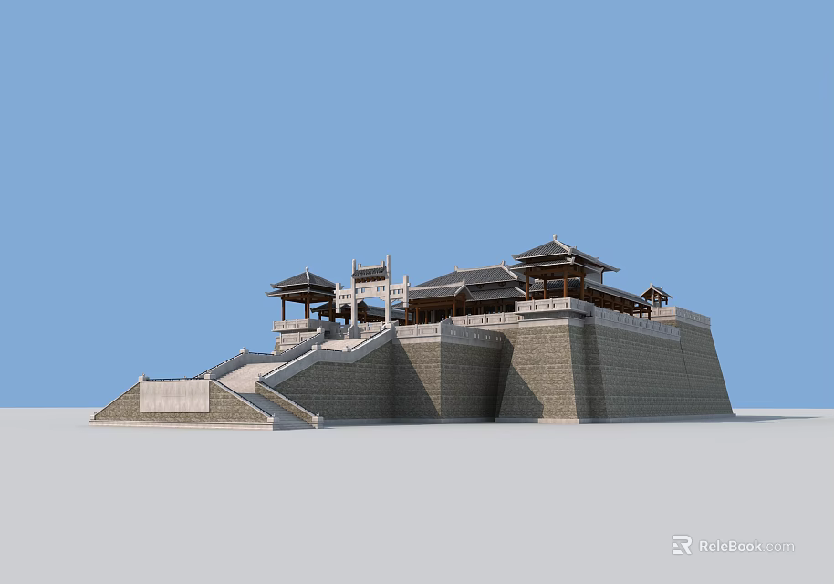 Ancient Architecture Structure With Stone Steps Wall Base Pavilions And Traditional Roofs 3d model 