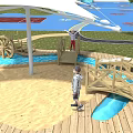 Kindergarten Outdoor Play Area With White Canopy Wooden Bridge Water Pool And Children Playing Safely