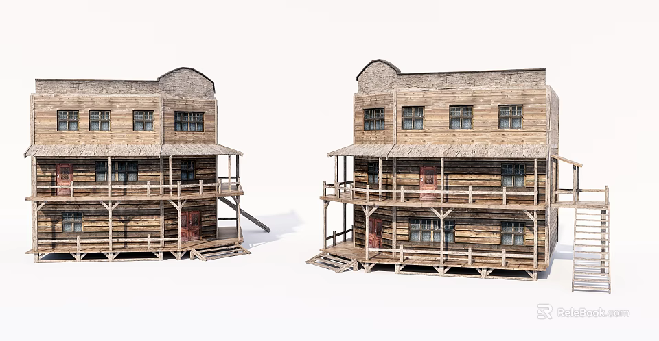 Two Story Wooden House With Balcony Railings Windows And Doors 3d model 