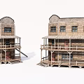 Two Story Wooden House With Balcony Railings Windows And Doors