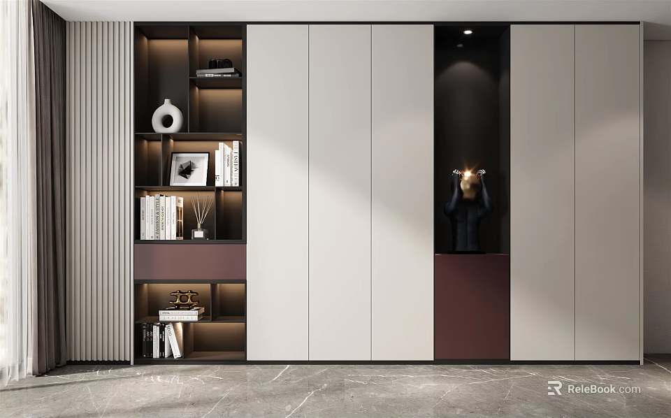 Modern Bookcase With Open Shelves Closed Cabinets Decorative Items And Warm Lighting 3d model