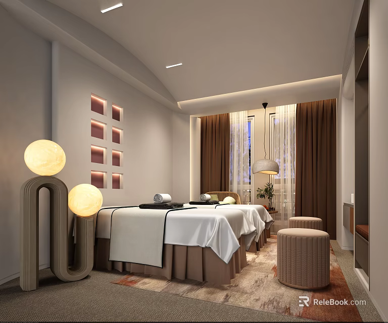 Elegant SPA Sauna Interior Design With Massage Beds White Linens Round Lamps And Brown Curtains 3d model 