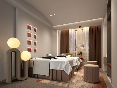 Elegant SPA Sauna Interior Design With Massage Beds White Linens Round Lamps And Brown Curtains 3d model