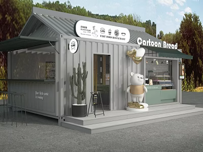 Cute Cartoon Themed Container Building Cafe With Bear Statue Cactus And Outdoor Seating 3d model