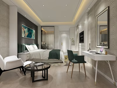 Modern Hotel Guest Room Interior With Bed Nightstand Chair Desk Artwork And Mirror 3d model