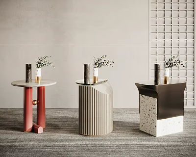 Modern Stylish Side Tables With Red Grey And Speckled Designs Decorative Vases And Small Plants 3d model