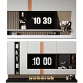 Modern TV Wall Design With Storage Cabinets Decorative Vases And Digital Clock 3d model
