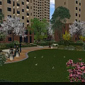 Residential Garden Landscape With Pink Flowering Trees Green Lawn Leisure Pathways Seating Areas And Greenery