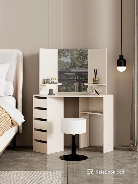 Light Colored Dressing Table with Mirror Drawers Pendant Light and Stool in Bedroom 3d model