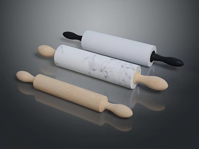 Three Different Rolling Pins With Wooden Marble Pattern Bodies And Black Handles For Baking 3d model