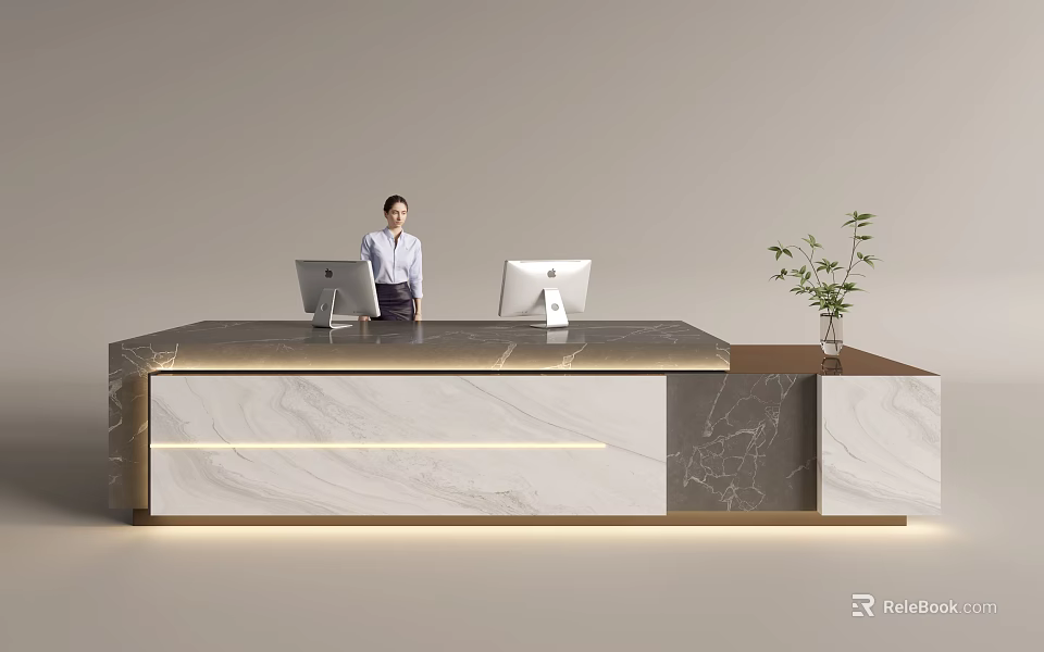 Modern Reception Desk Area With Marble Counter Two Computers Female Receptionist And Small Plant 3d model 