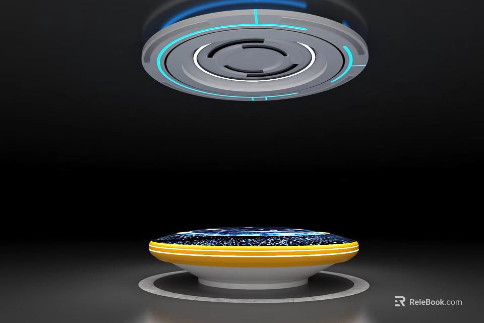 Floating Circular Devices With Blue Accents And Yellow Base Technological Design 3d model 